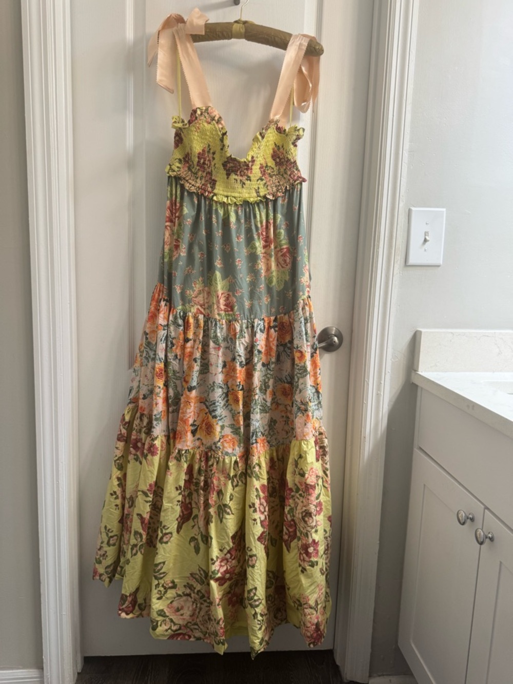 FREE PEOPLE Floral Tiered Maxi Dress with Pink Bow Straps XS - Picture 5 of 11